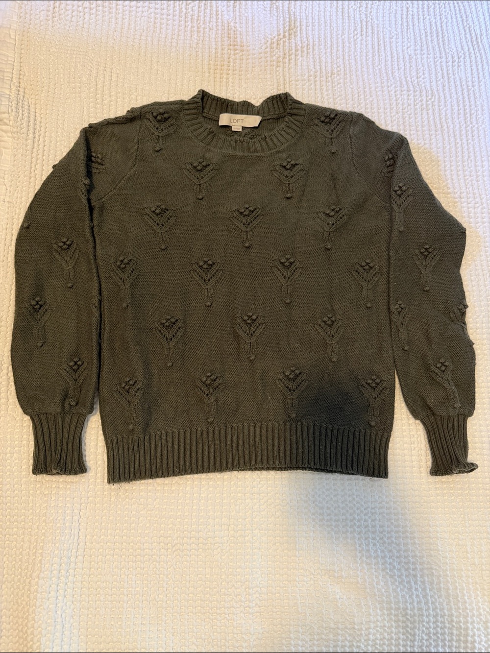 LOFT Olive Green Crewneck Sweater with Textured Knit